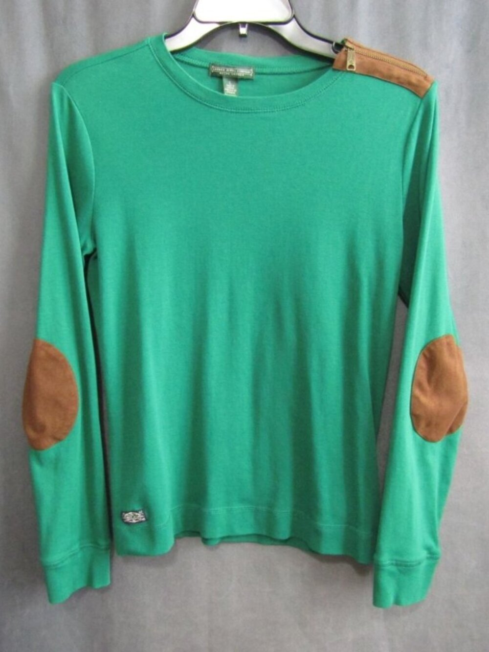Ralph Lauren Jeans Co Green Top Size L Faux Suede Elbow Patches Zipper Shoulder
